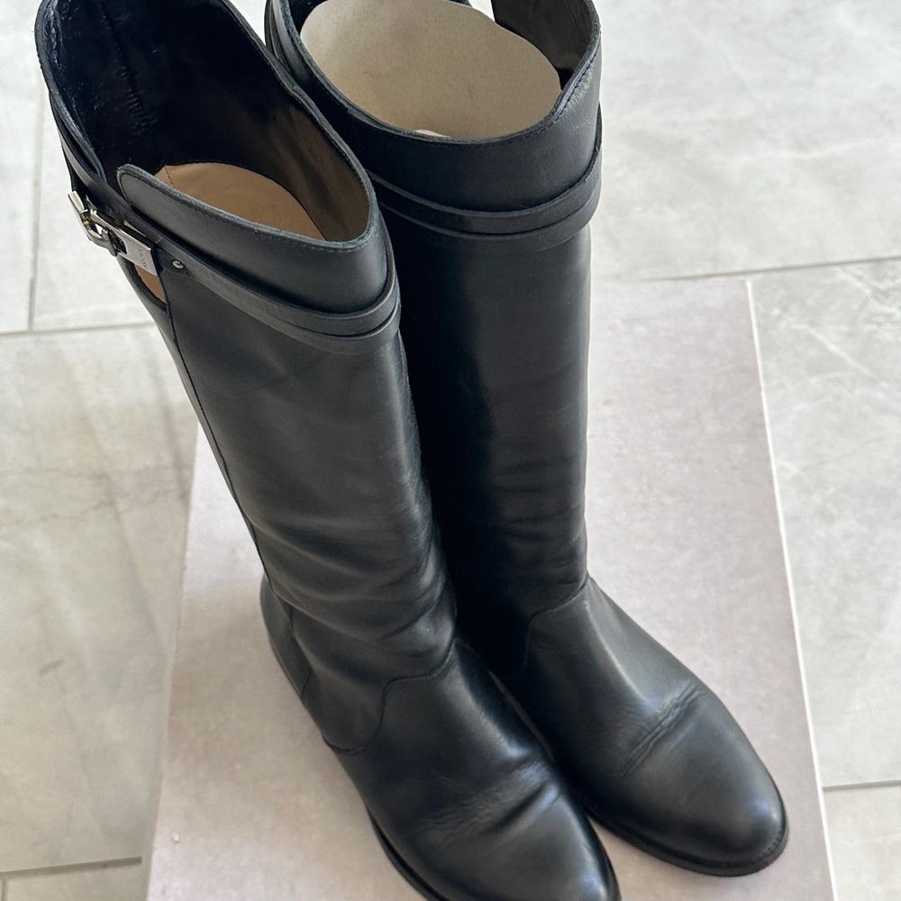 Jimmy Choo Hyson Black Leather Knee High Logo Riding Boot